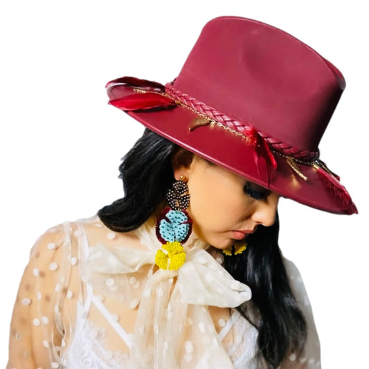 Mexican Handcrafted Leather Fedora Hat | El Cuervo Merlot Colores Decor