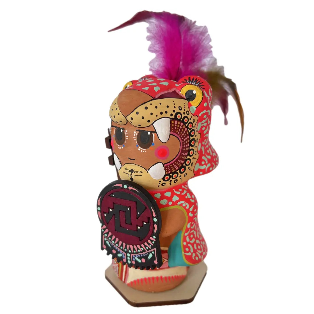 Mexican Handmade Clay Folklore Figurines- Jaguar Warrior CoLores Decor l Mexican Artisan Decor