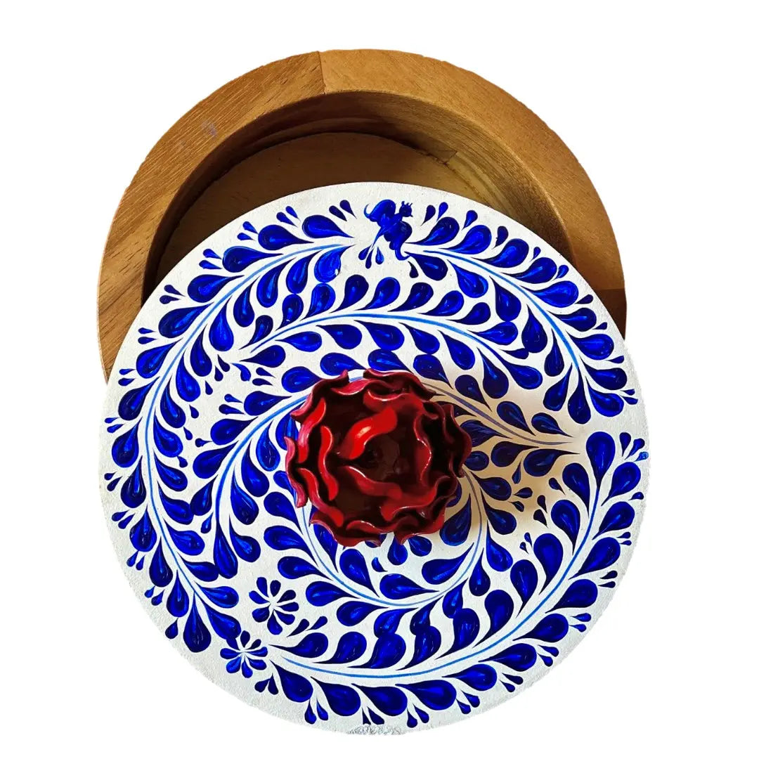 Mexican Handmade Parota Wood Tortilla Warmer - Red Rose Colores Decor l Mexican Artisan Decor