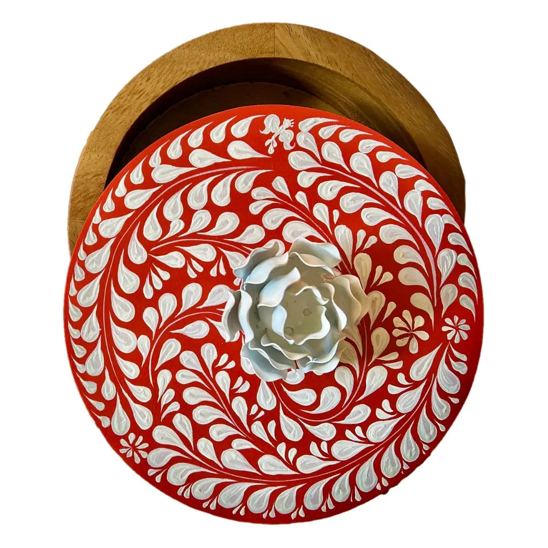 Mexican Handmade Parota Wood Tortilla Warmer - Silver Rose Colores Decor l Mexican Artisan Decor