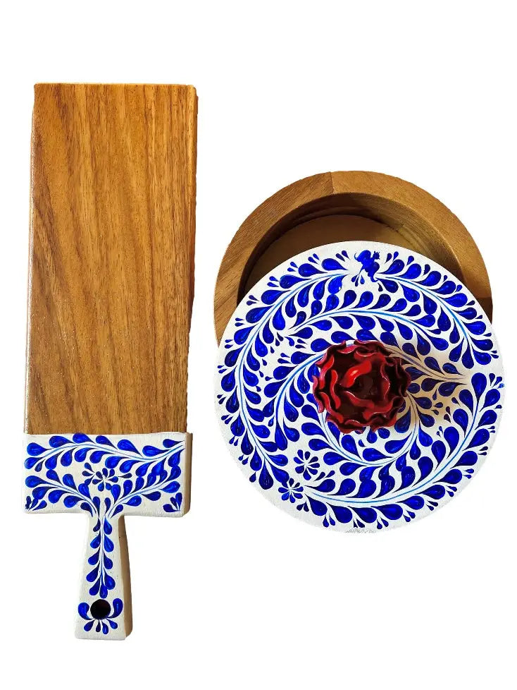 Mexican Handmade Parota Wood Tortilla Warmer & Charcuterie Board 2 Piece Set- Red Rose Colores Decor l Mexican Artisan Decor