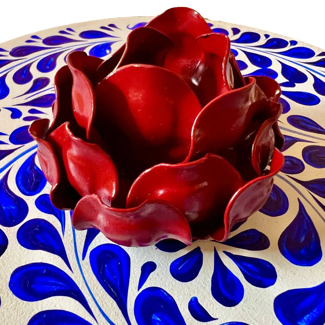 Mexican Handmade Parota Wood Tortilla Warmer & Charcuterie Board 2 Piece Set- Red Rose Colores Decor l Mexican Artisan Decor
