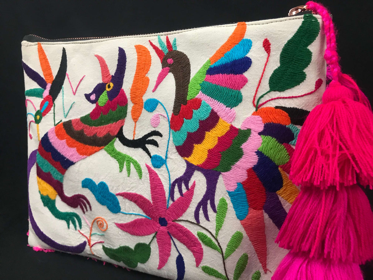 Otomi Tenango de Doria Embroidered 20” iPad/Laptop Leather Sleeve Colores Decor