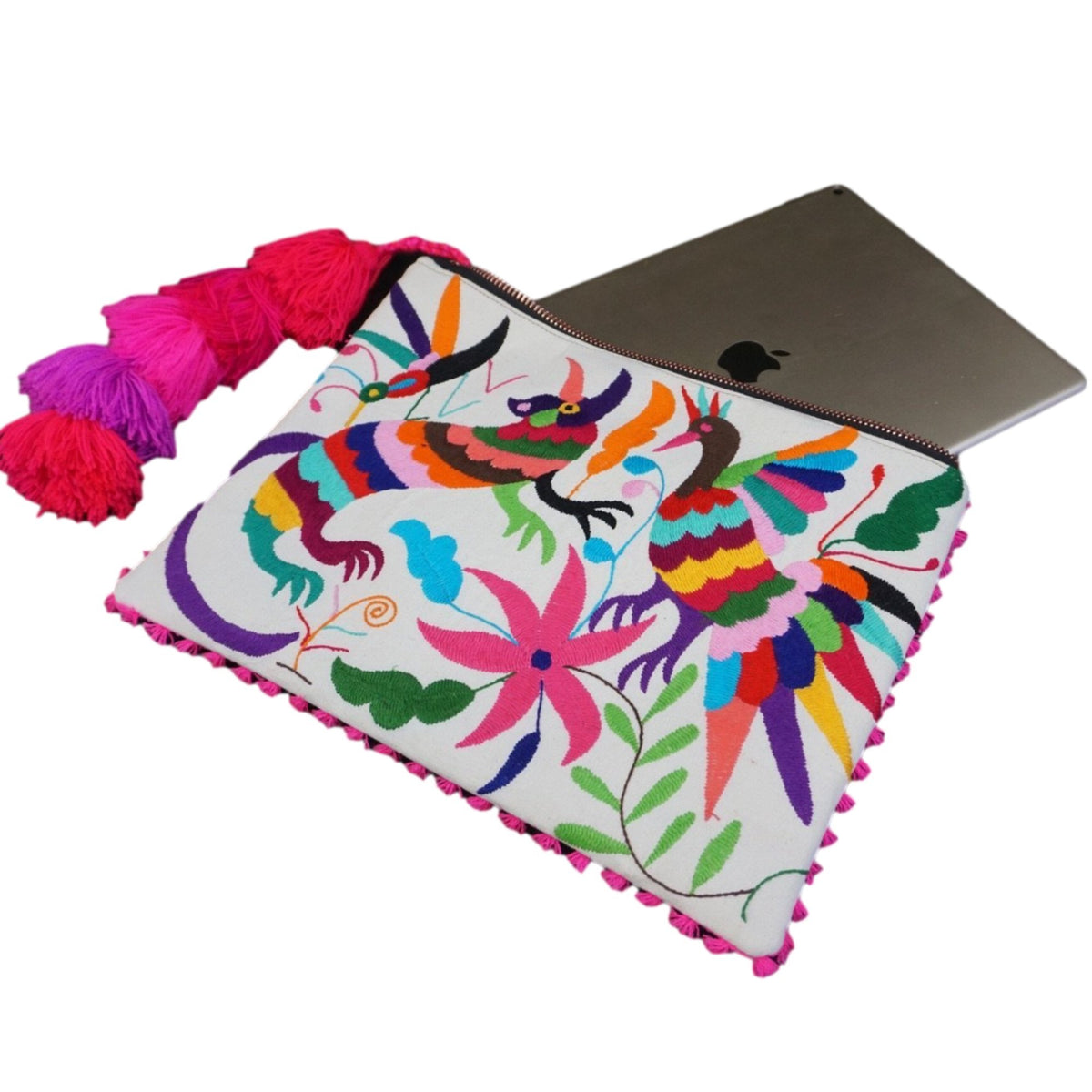 Otomi Tenango de Doria Embroidered 20” iPad/Laptop Leather Sleeve Colores Decor