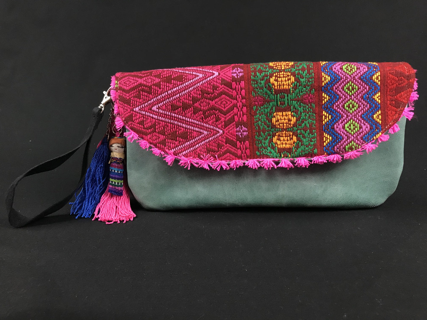 Sayab Maya Embroidered Aqua Leather Wristlet Colores Decor