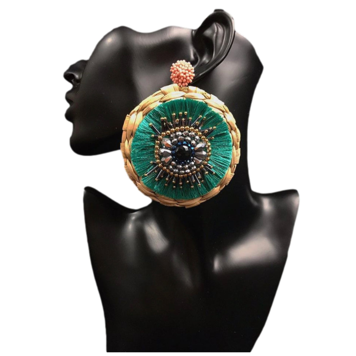 Mexican Handmade Palm Tassel Statement Earrings | Evil Eye Eskua Verde FINAL SALE Colores Decor