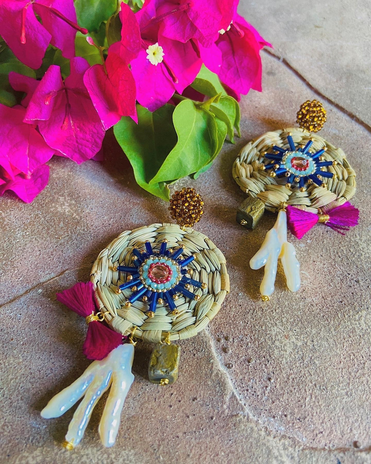 Mexican Handmade Palm Bead Statement Earrings | Woven Palm FINAL SALE Colores Decor
