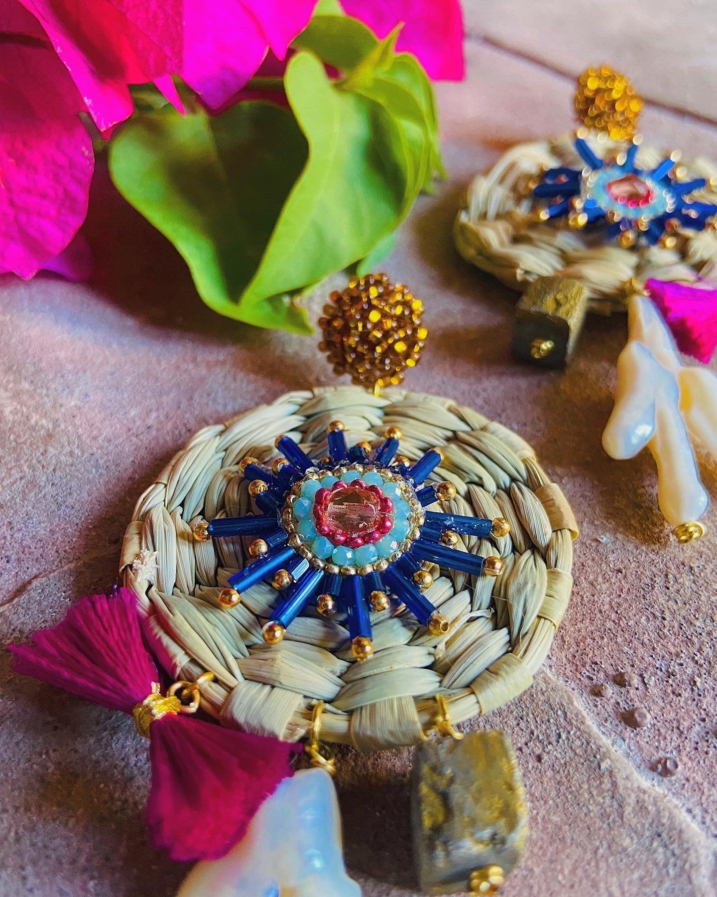 Woven Palm Mexican Handmade Dangle Tassel Earrings