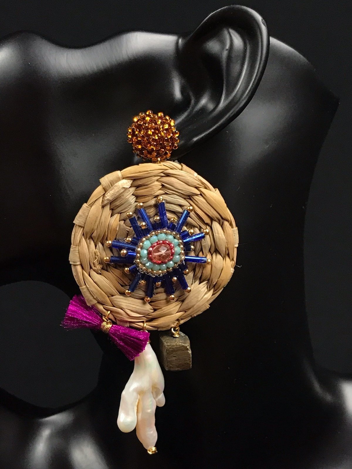 Mexican Handmade Palm Bead Statement Earrings | Woven Palm FINAL SALE Colores Decor
