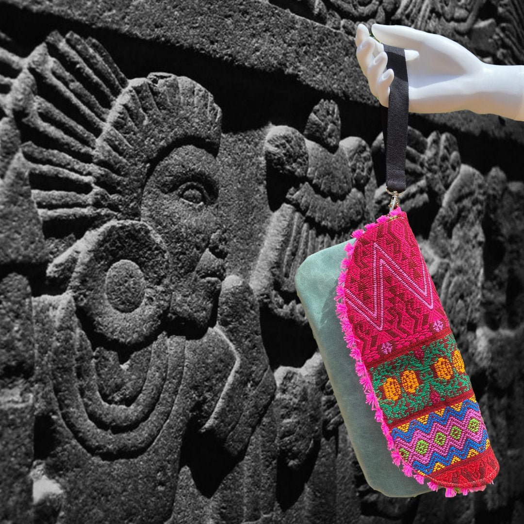 Mexican Embroidered Leather Wristlet Cell bag coin purse