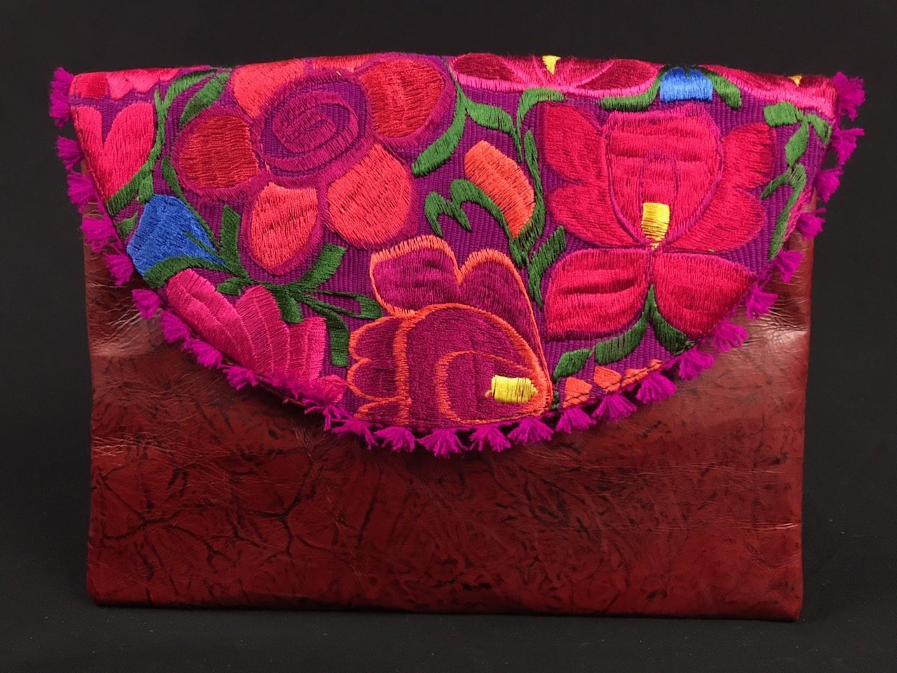 Mexican Artisan Embroidered Leather Chiapas Oaxaca Maya Otomi Clutch