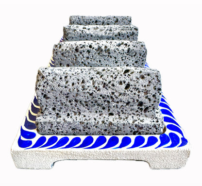 Mexican Volcanic Rock and Parota 9" 3 Taco Holder Stand- Blue CoLores Decor l Mexican Artisan Decor