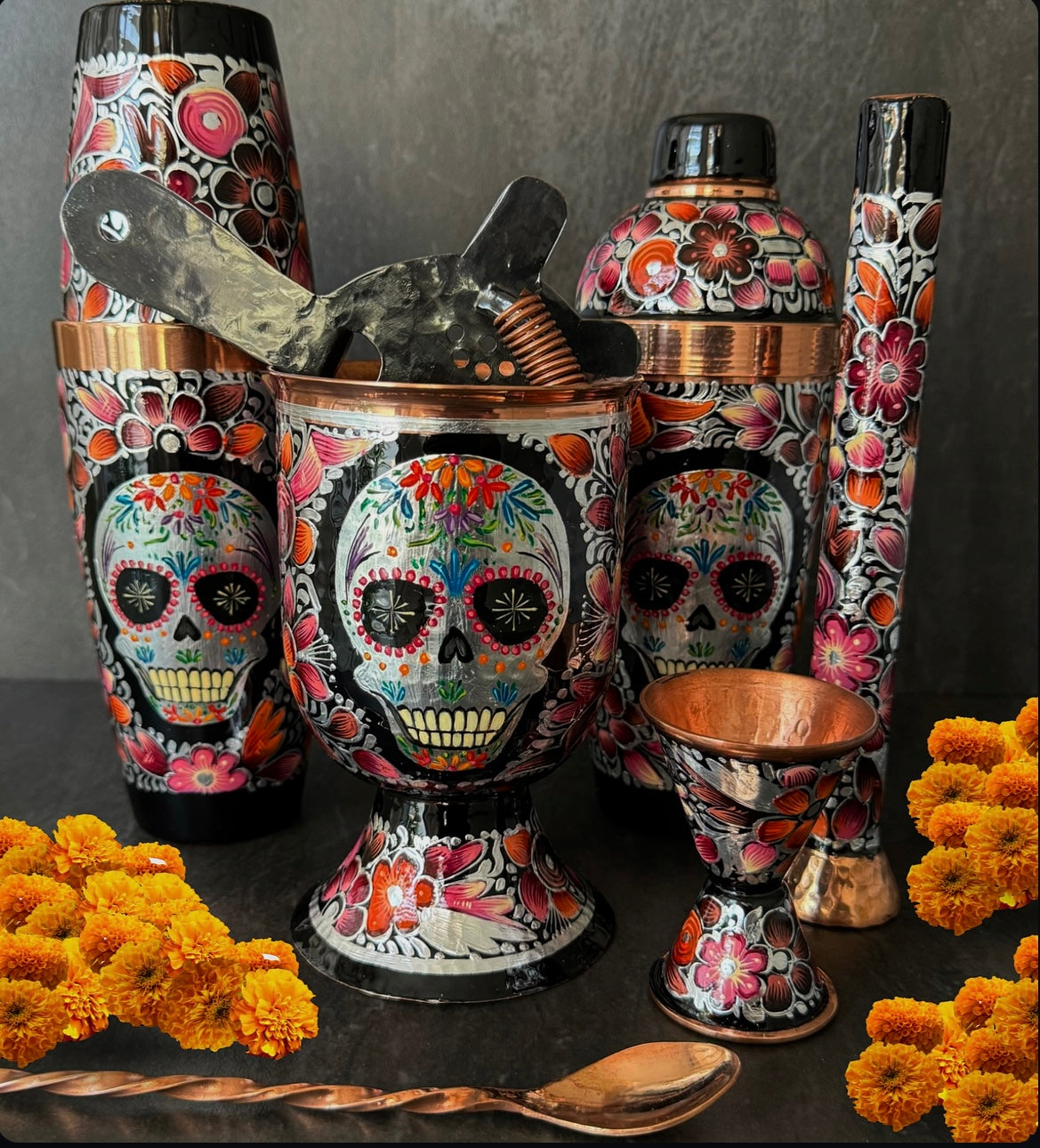 Mexican Handmade Copper 7-Piece Barware & Bar Tools Set- Sugar Skull Rose CoLores Decor | Mexican Artisan Decor