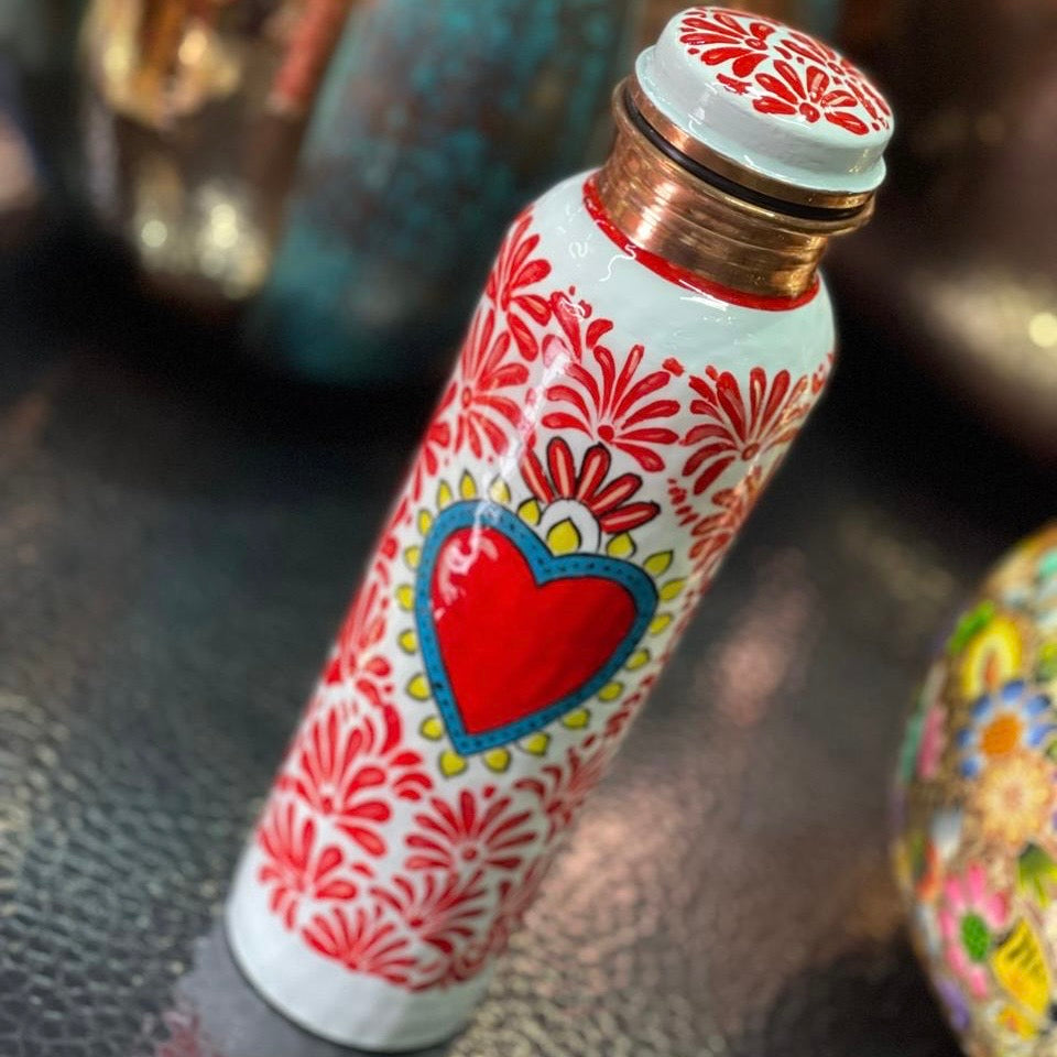 Mexican Copper 1 L / 33 oz. Water Bottle- Hand Painted AMOR CoLores Decor
