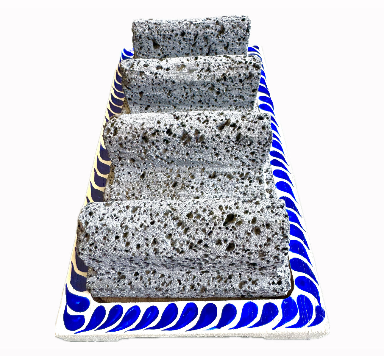 Mexican Volcanic Rock and Parota 9" 3 Taco Holder Stand- Blue CoLores Decor l Mexican Artisan Decor