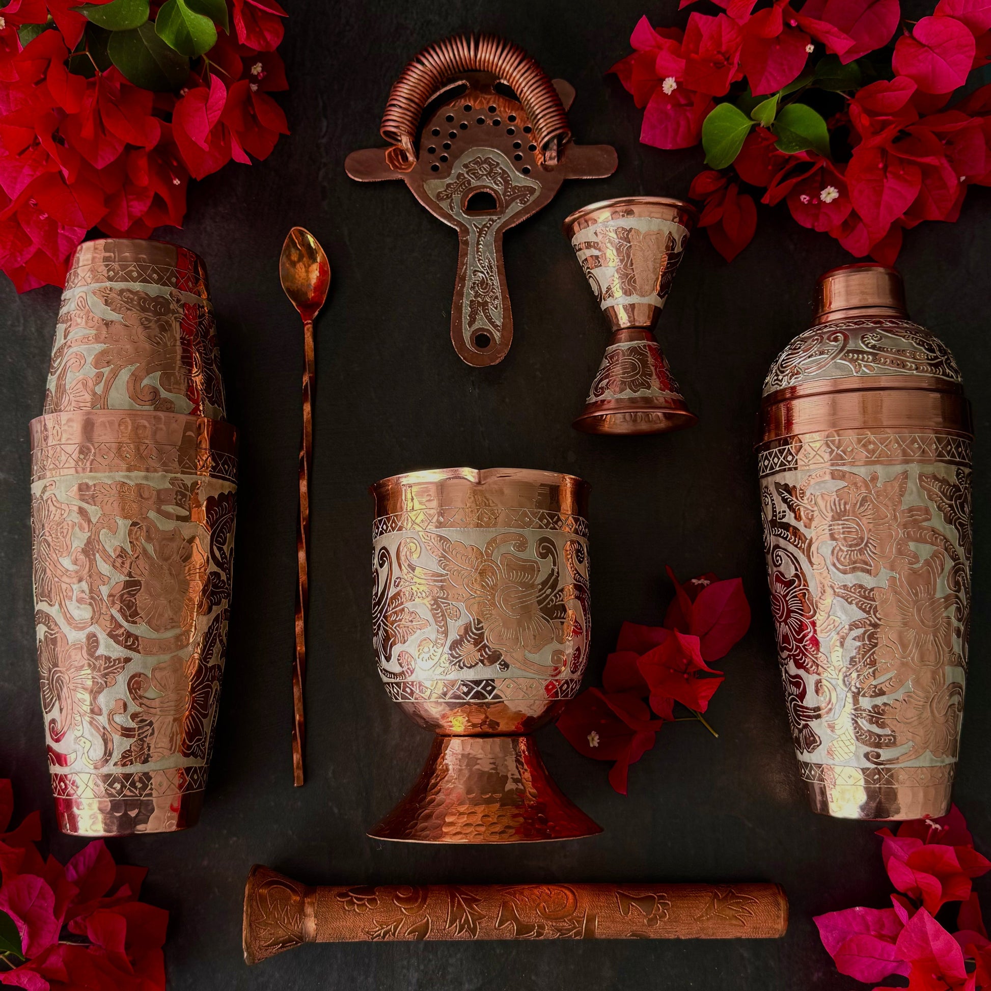 Mexican Handmade Copper 24 oz. Boston Shaker- Silver Flowers CoLores Decor