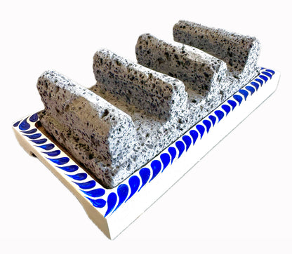 Mexican Volcanic Rock and Parota 9" 3 Taco Holder Stand- Blue CoLores Decor l Mexican Artisan Decor