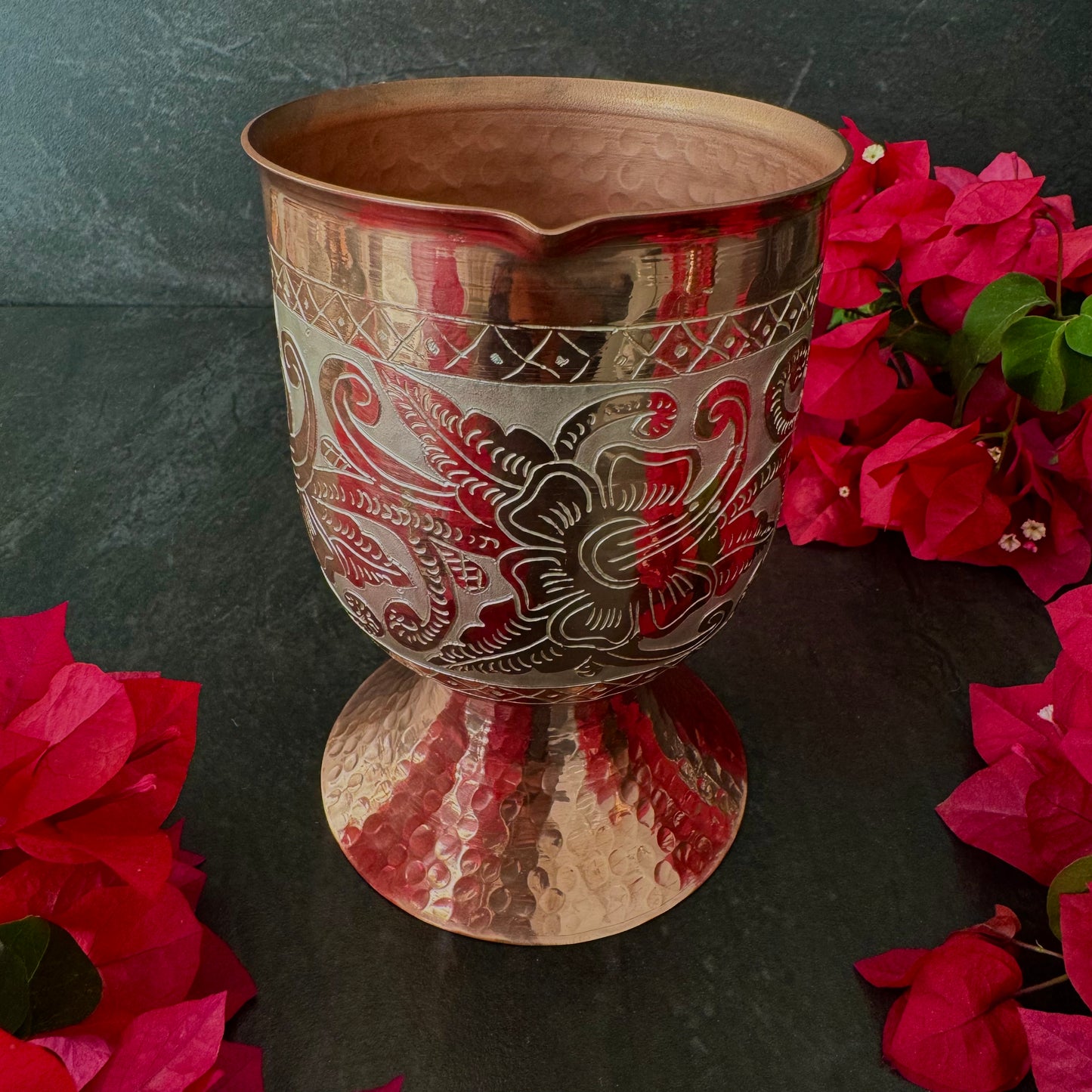 Mexican Handmade Copper 20 oz. Mixing Cup- Silver Flowers CoLores Decor