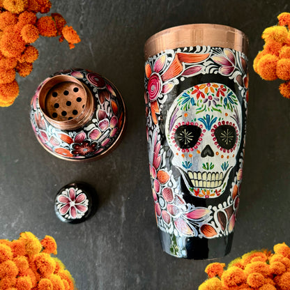 Mexican Handmade Copper 7-Piece Barware & Bar Tools Set- Sugar Skull Rose CoLores Decor | Mexican Artisan Decor