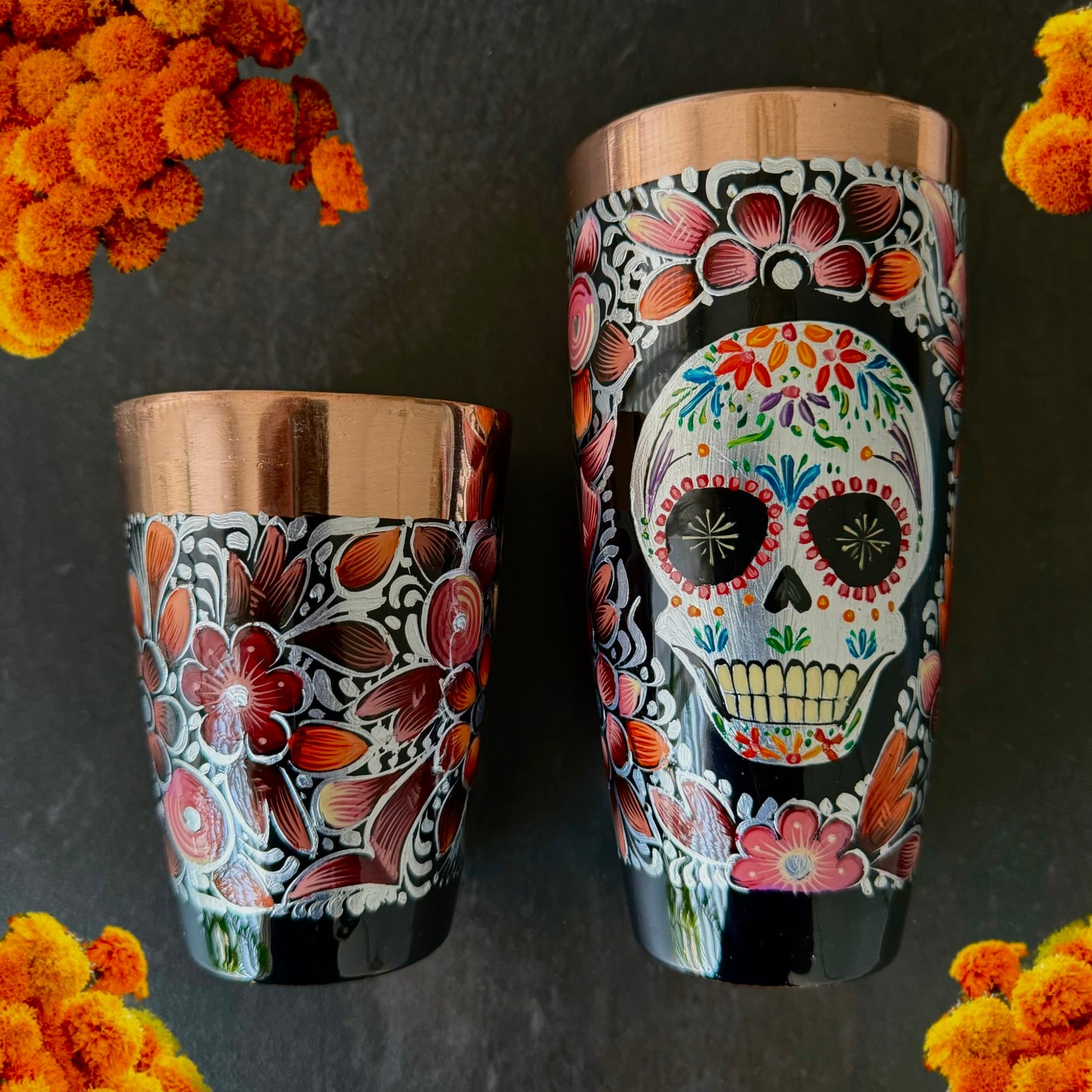 Mexican Handmade Copper 7-Piece Barware & Bar Tools Set- Sugar Skull Rose CoLores Decor | Mexican Artisan Decor