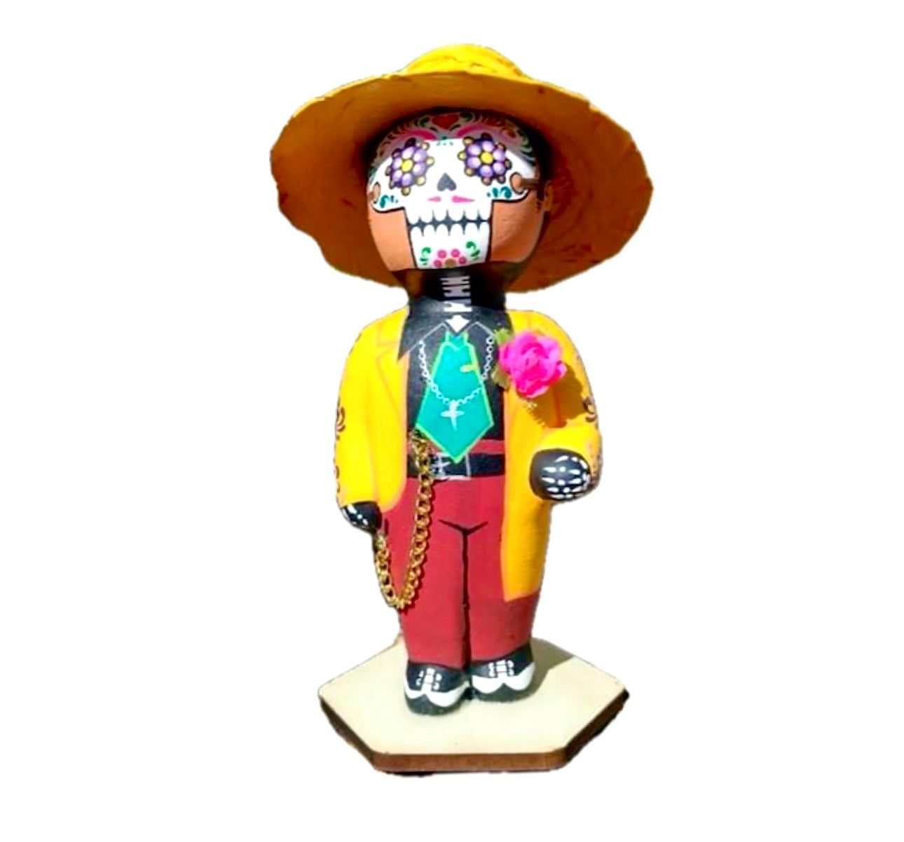 Mexican Handmade Clay Folklore Dia de Muertos Figurines- Pachuco Amarillo CoLores Decor l Mexican Artisan Decor