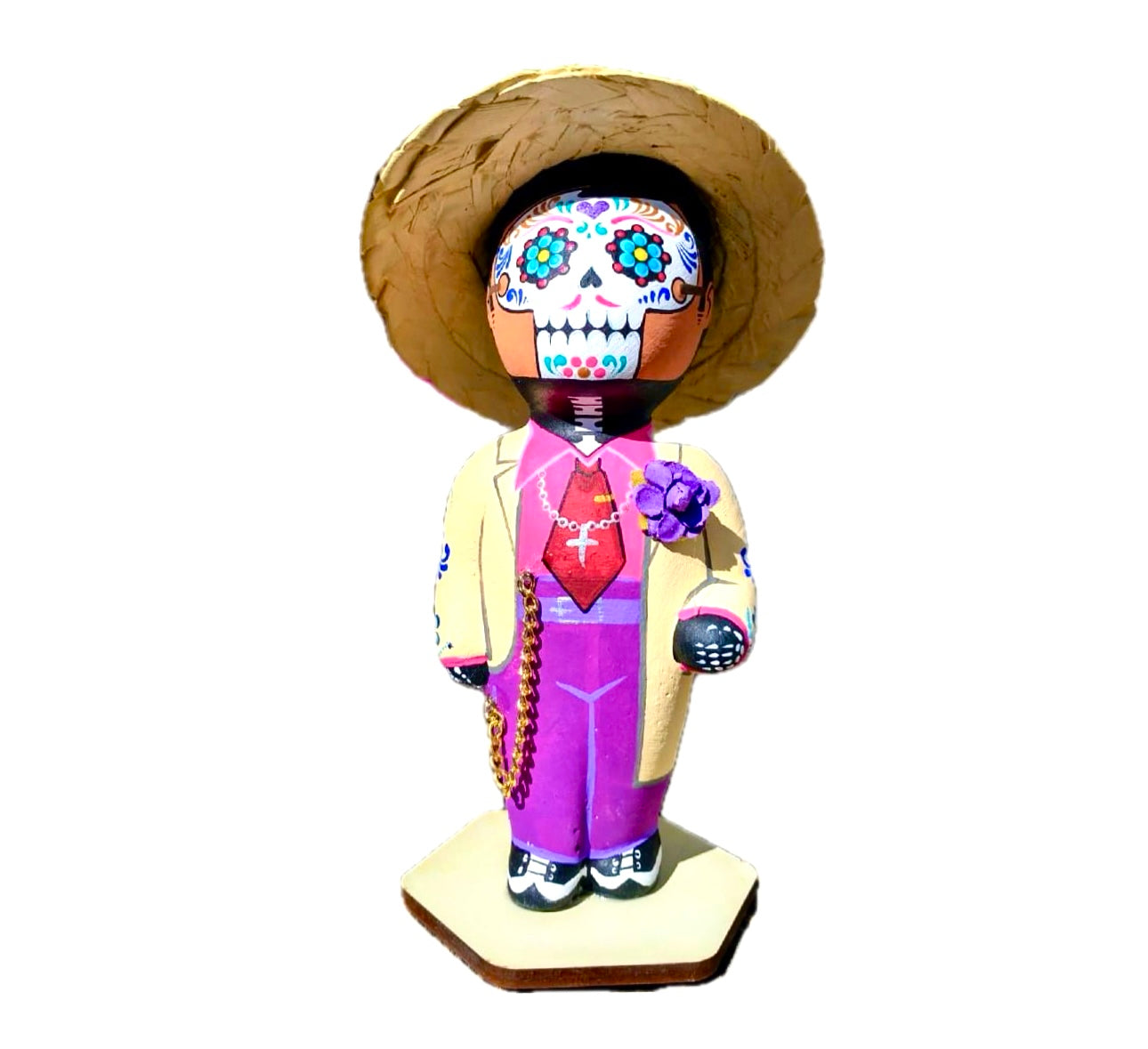 Mexican Handmade Clay Folklore Dia de Muertos Figurines- Pachuco Beige CoLores Decor l Mexican Artisan Decor