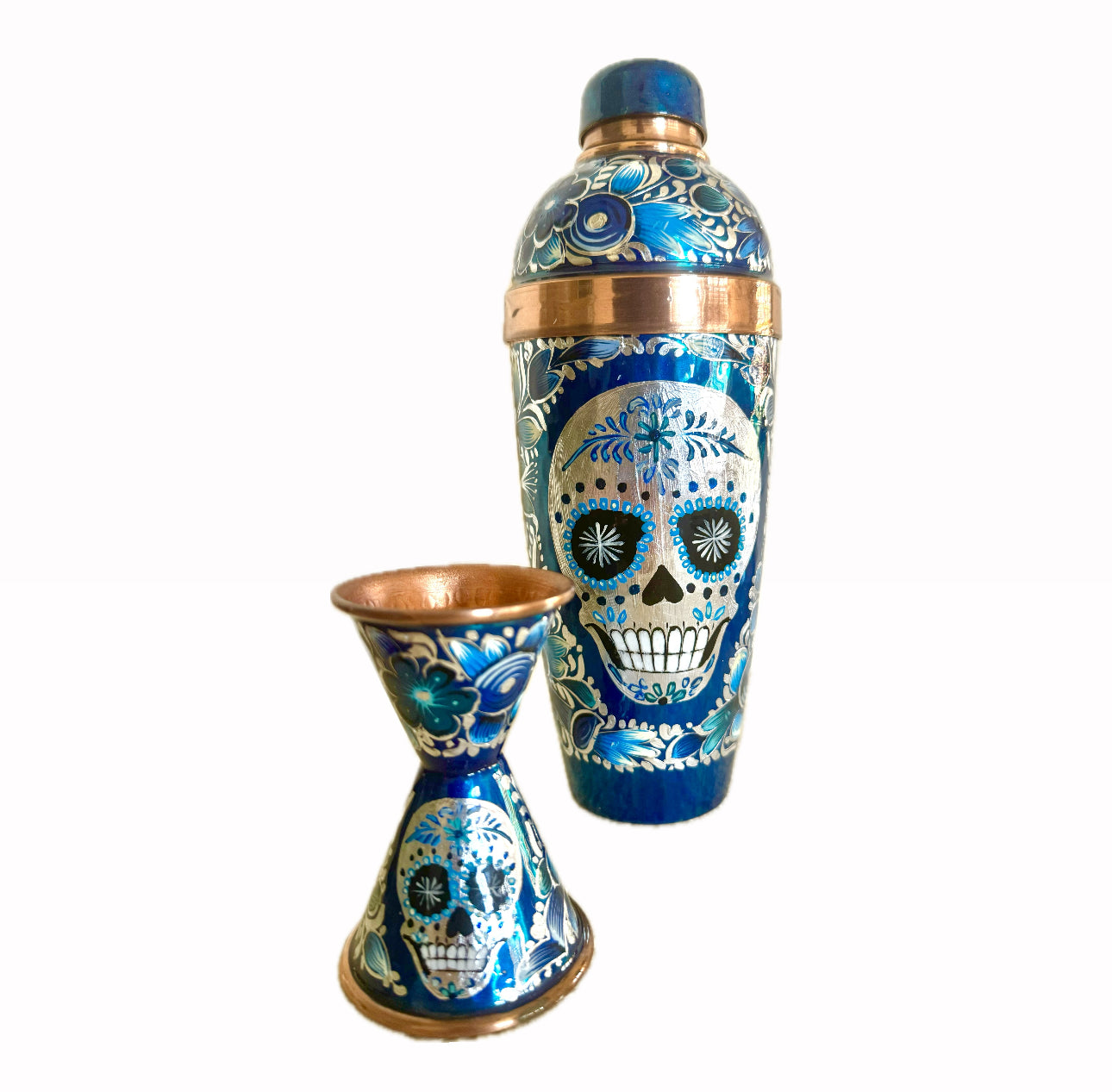 Mexican Handmade Copper Jigger - Hand Painted Blue Sugar Skull CoLores Decor | Mexican Artisan Decor