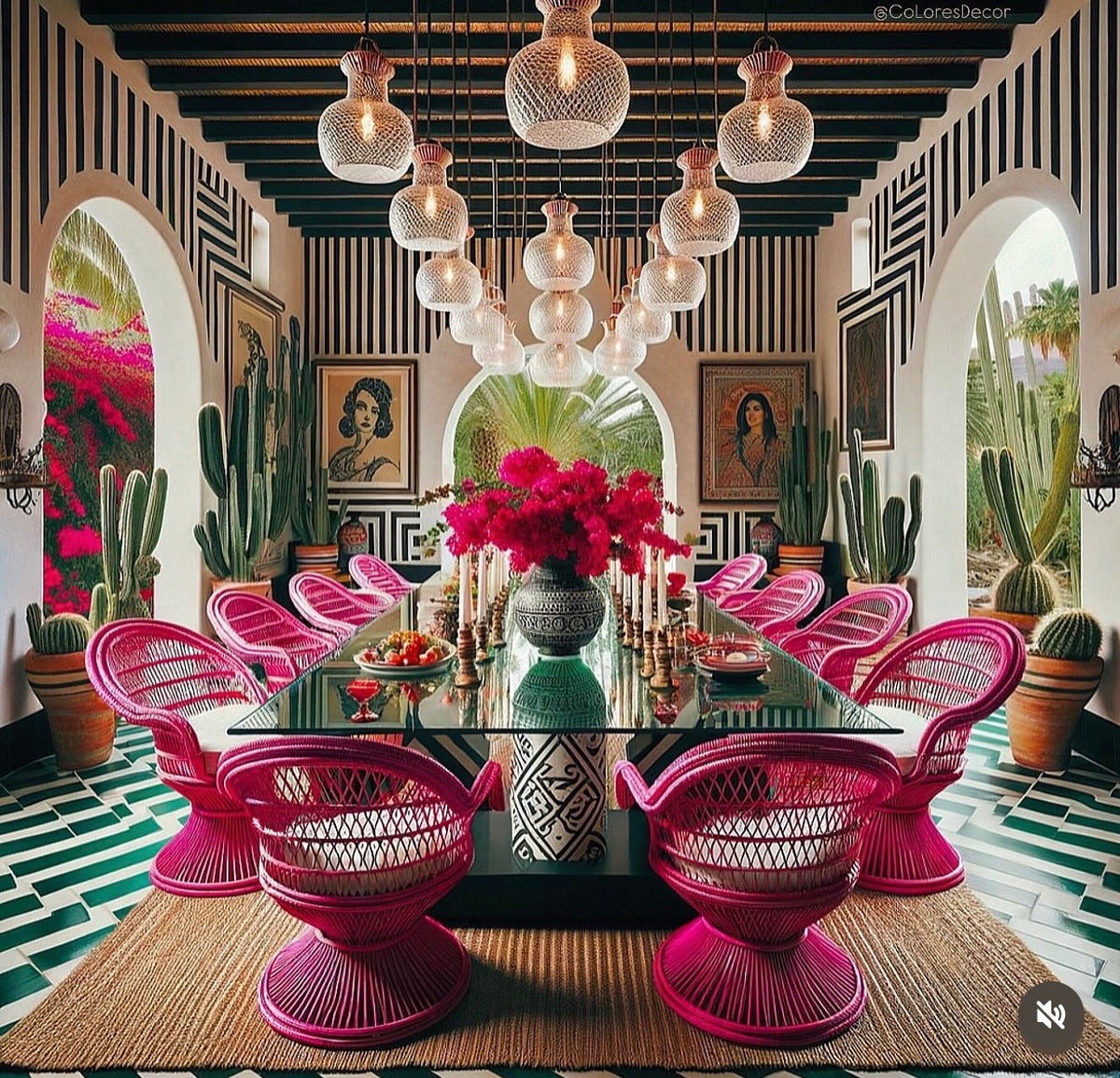 Mexican-inspired dining room rendering with pink woven chairs, glass pendant lights, and a green geometric floor.
