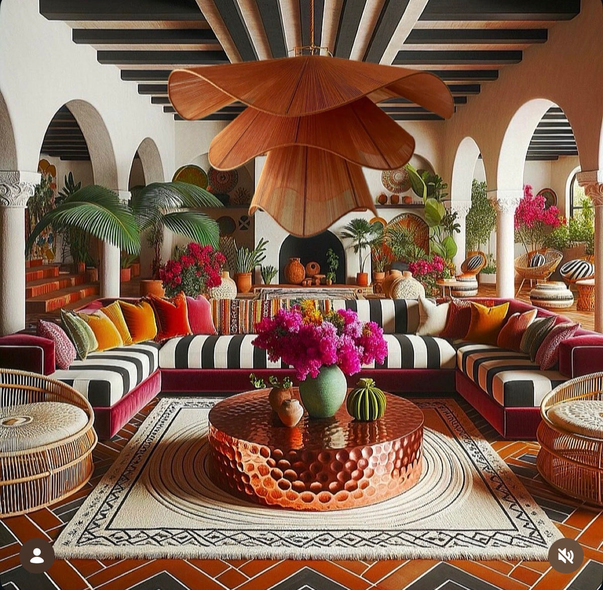 Courtyard lounge rendering with arched openings, striped sofas, a copper table, and sculptural ceiling lighting.