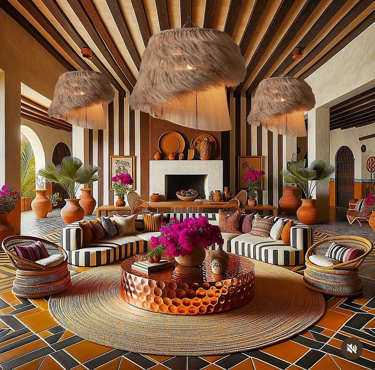 Palm Springs-inspired lounge rendering with woven pendant lights, striped seating, and a copper coffee table.
