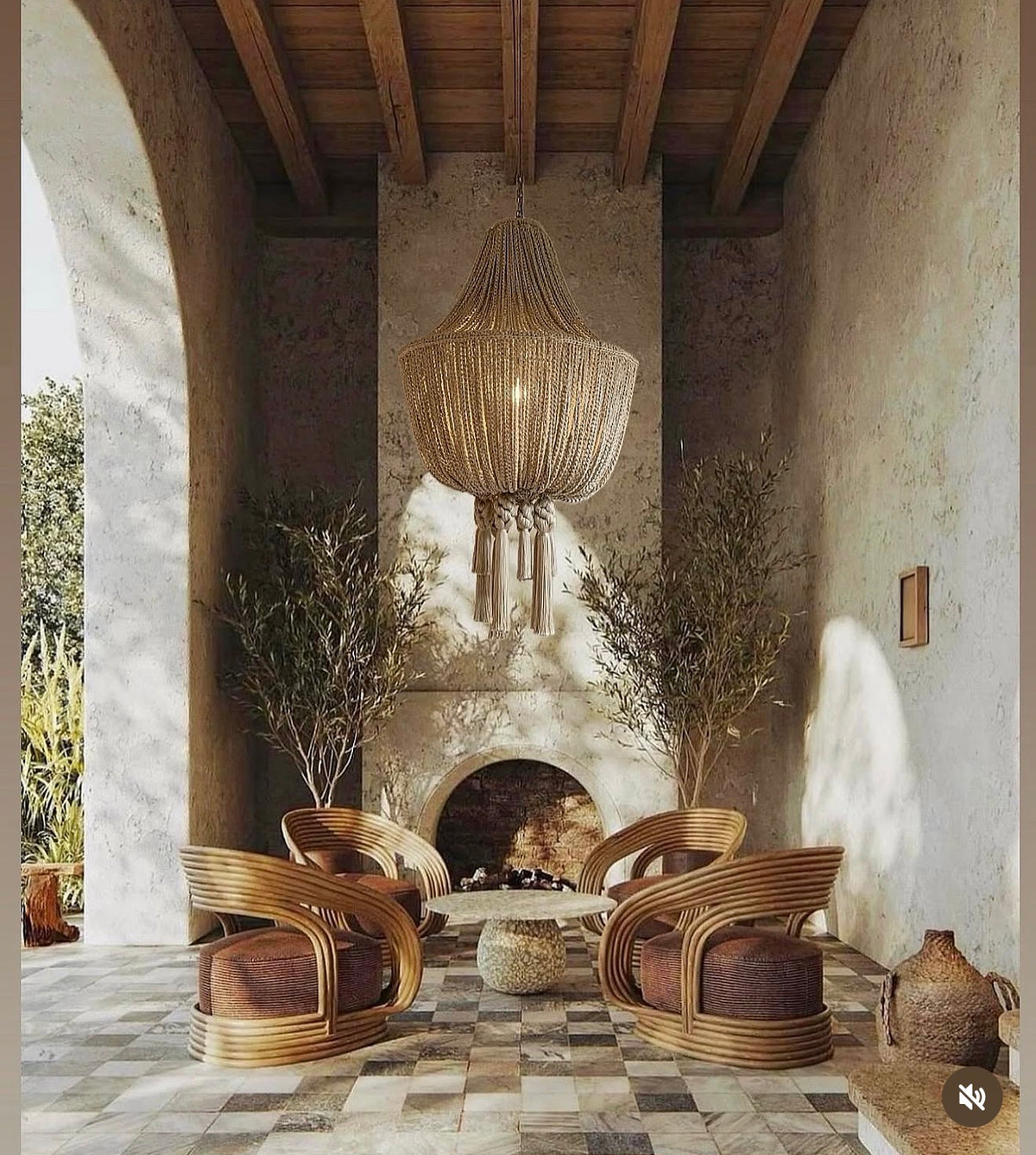 Rustic living room rendering with a woven chandelier, curved wooden chairs, and a stone fireplace.