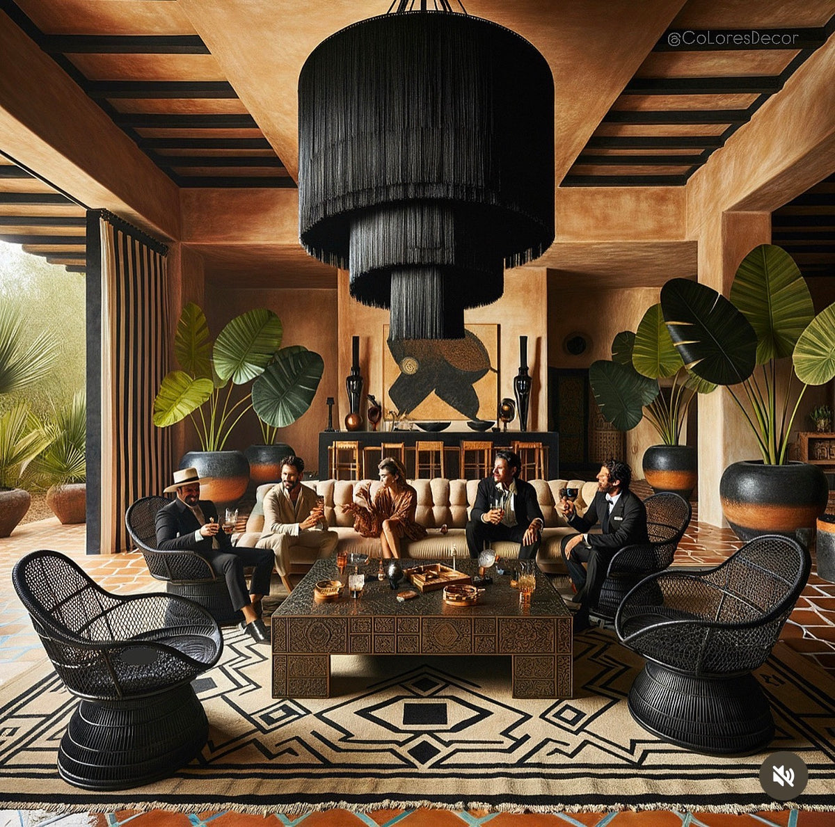 Hotel lounge rendering with a black tiered tassel chandelier, woven chairs, and warm wood finishes.