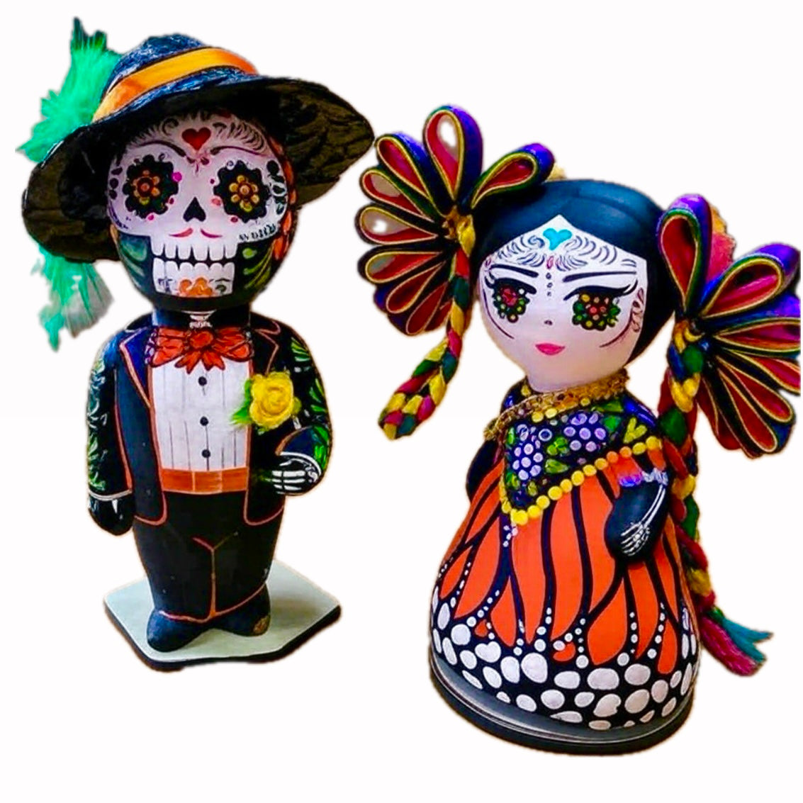 Mexican Handmade Clay Folklore Catrina Figurines- Monarca PAIR CoLores Decor l Mexican Artisan Decor