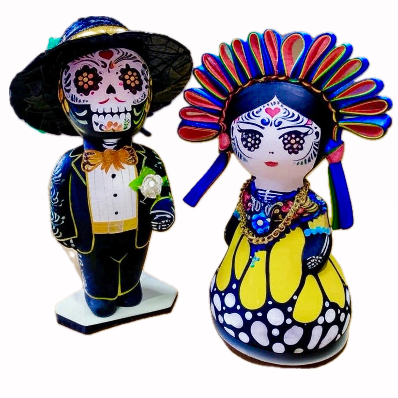 Mexican Handmade Clay Folklore Catrina Figurines- Monarca Yellow PAIR CoLores Decor l Mexican Artisan Decor