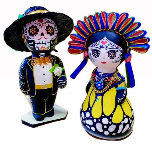 Mexican Handmade Clay Folklore Catrina Figurines- Monarca Yellow PAIR CoLores Decor l Mexican Artisan Decor