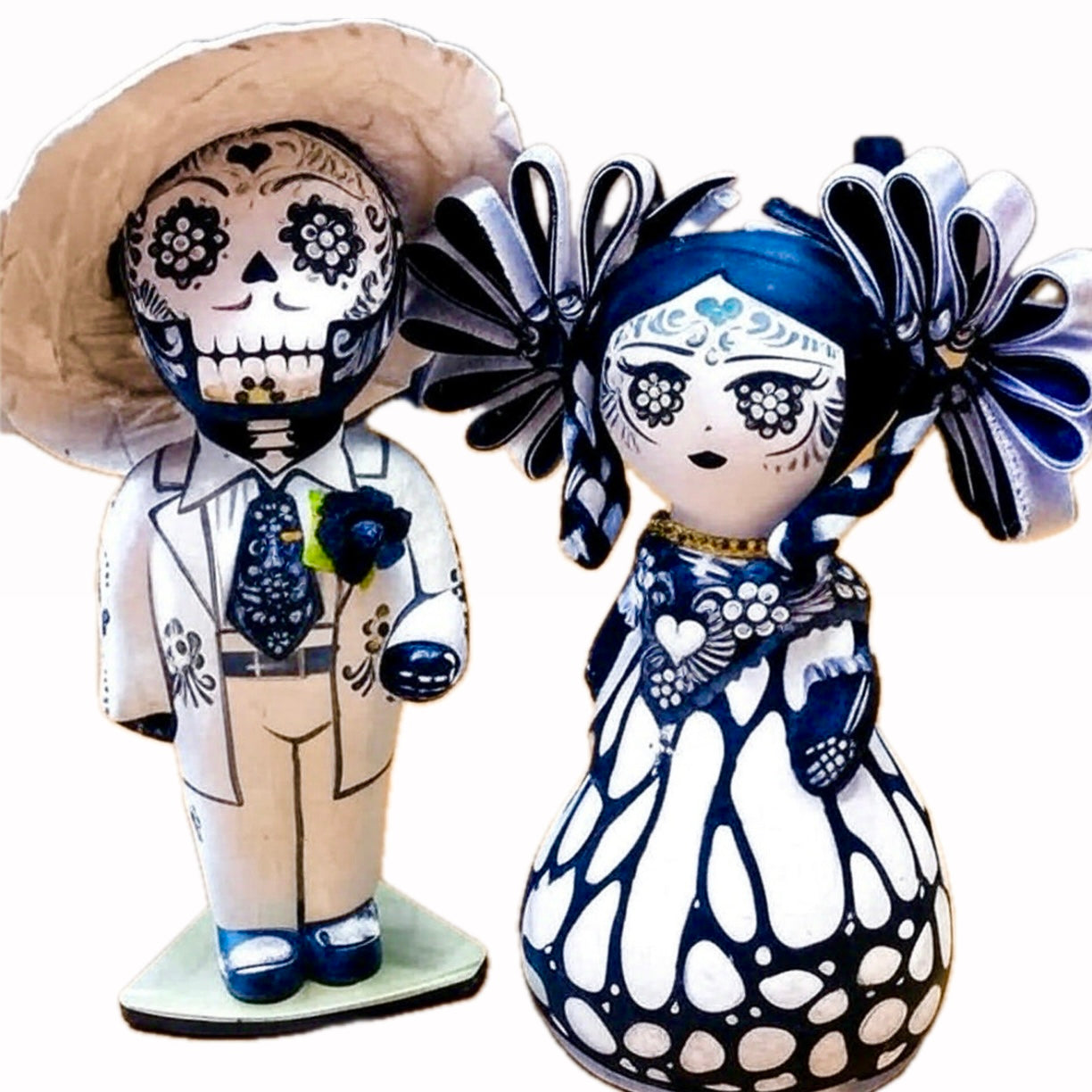 Mexican Handmade Clay Folklore Catrina Figurines- Alba PAIR CoLores Decor l Mexican Artisan Decor
