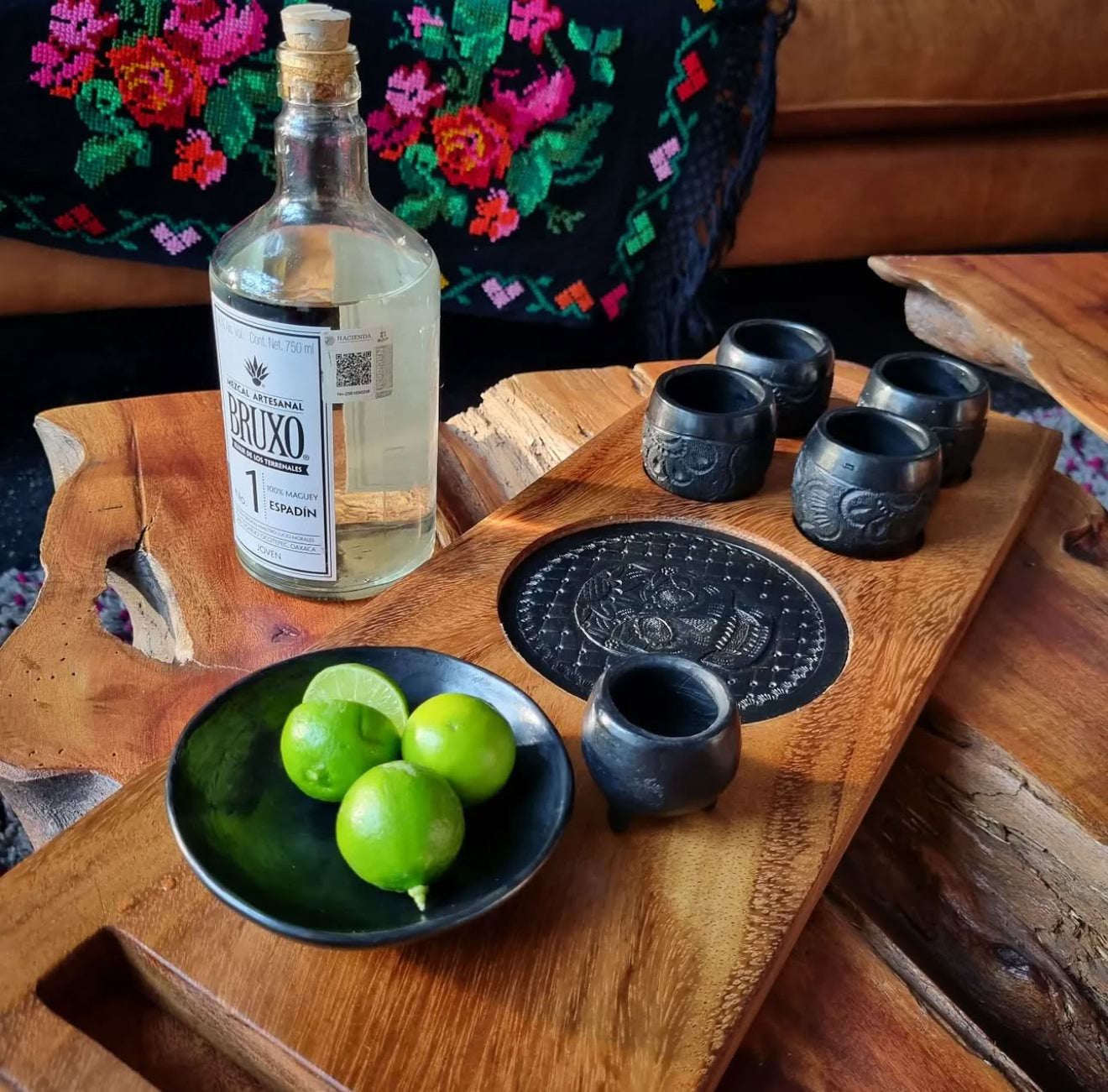 Oaxaca Black Clay Tequila & Mezcal Wood Serving Tray Set- Xaca CoLores Decor | Mexican Artisan Decor