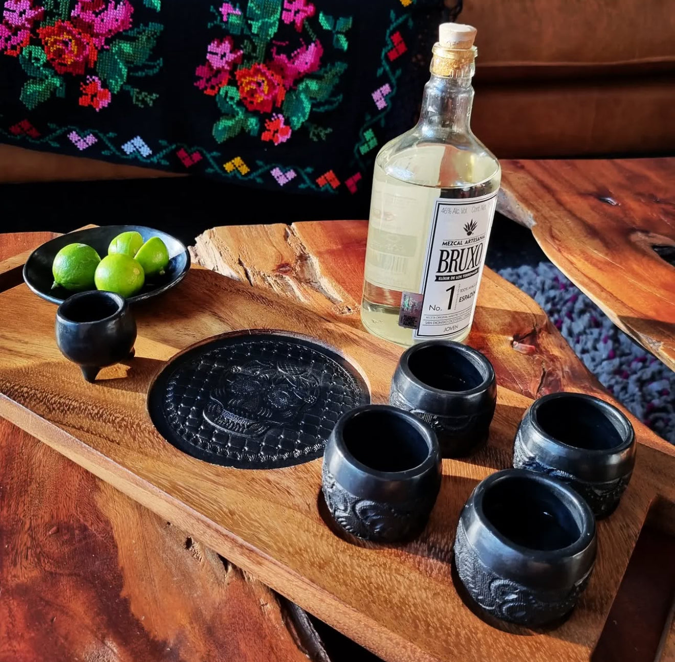 Oaxaca Black Clay Tequila & Mezcal Wood Serving Tray Set- Xaca CoLores Decor | Mexican Artisan Decor