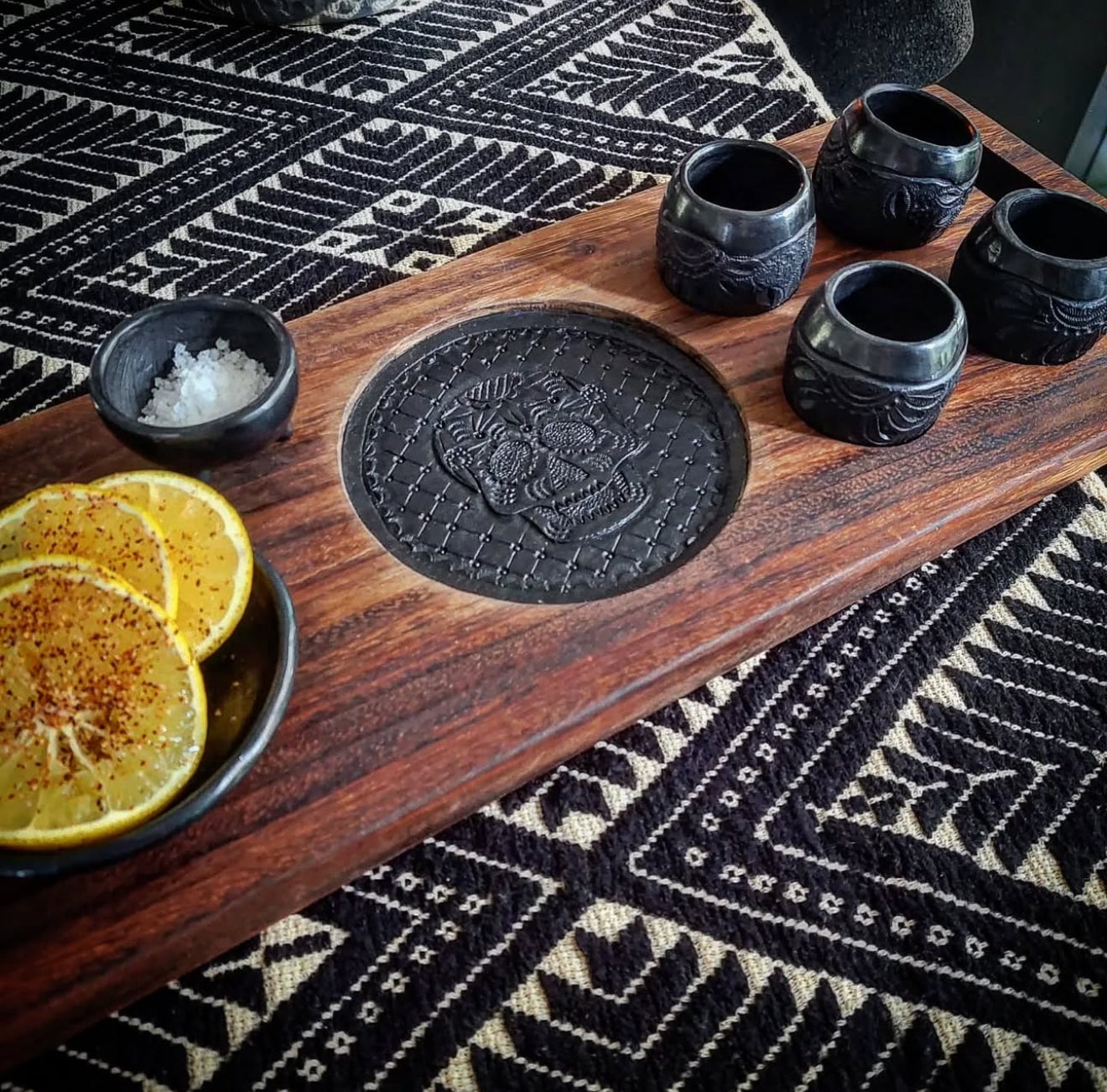 Oaxaca Black Clay Tequila & Mezcal Wood Serving Tray Set- Xaca CoLores Decor | Mexican Artisan Decor