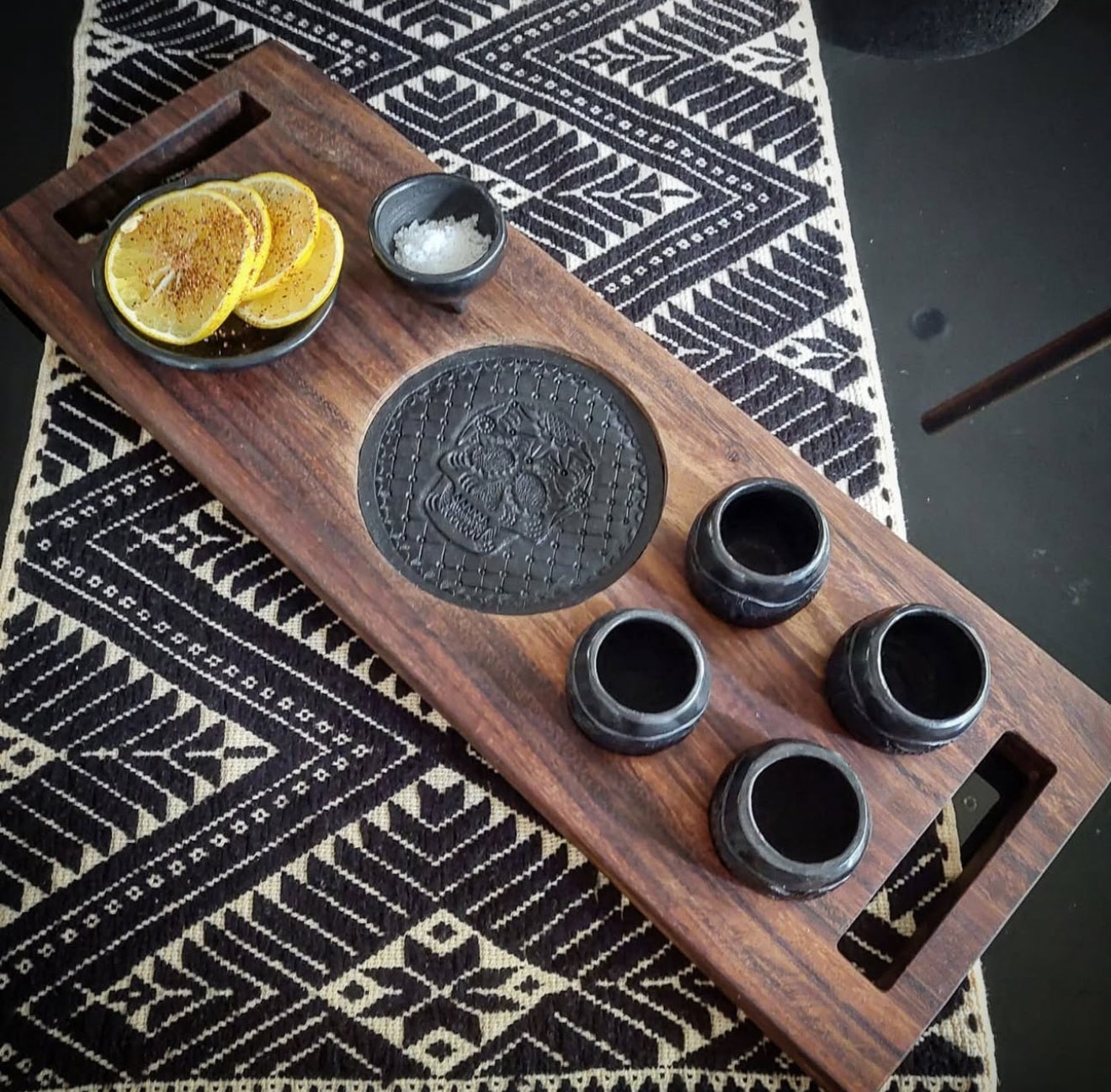 Oaxaca Black Clay Tequila & Mezcal Wood Serving Tray Set- Xaca CoLores Decor | Mexican Artisan Decor