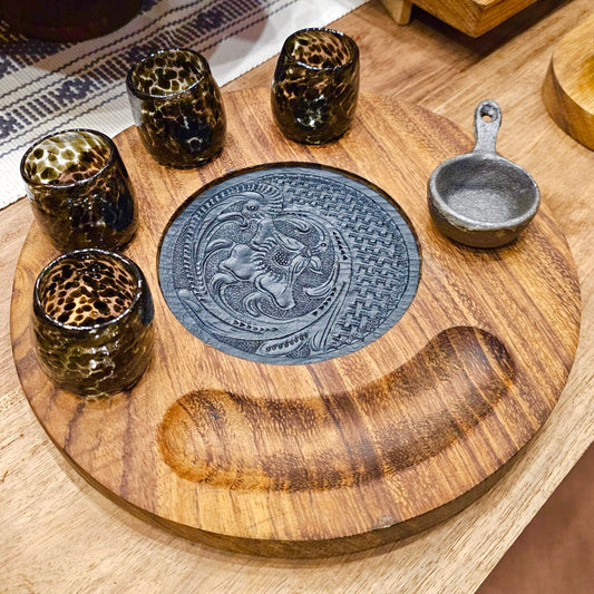 Blow Glass Tequila & Mezcal Wood Serving Tray Set- Jalisco CoLores Decor | Mexican Artisan Decor