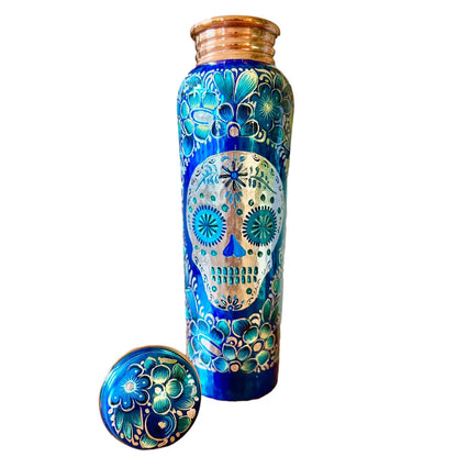 Mexican Copper 1 L / 33 oz. Water Bottle- Hand Painted Blue Sugar Skull CoLores Decor