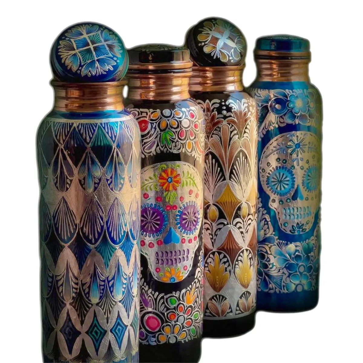 Mexican Copper 1 L / 33 oz. Water Bottle- Hand Painted Blue Sugar Skull CoLores Decor