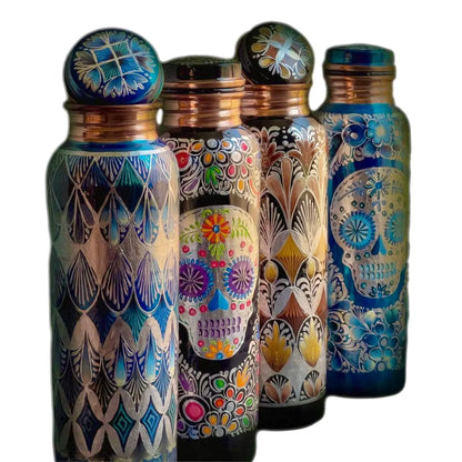 Mexican Copper 1 L / 33 oz. Water Bottle- Hand Painted Blue Sugar Skull CoLores Decor