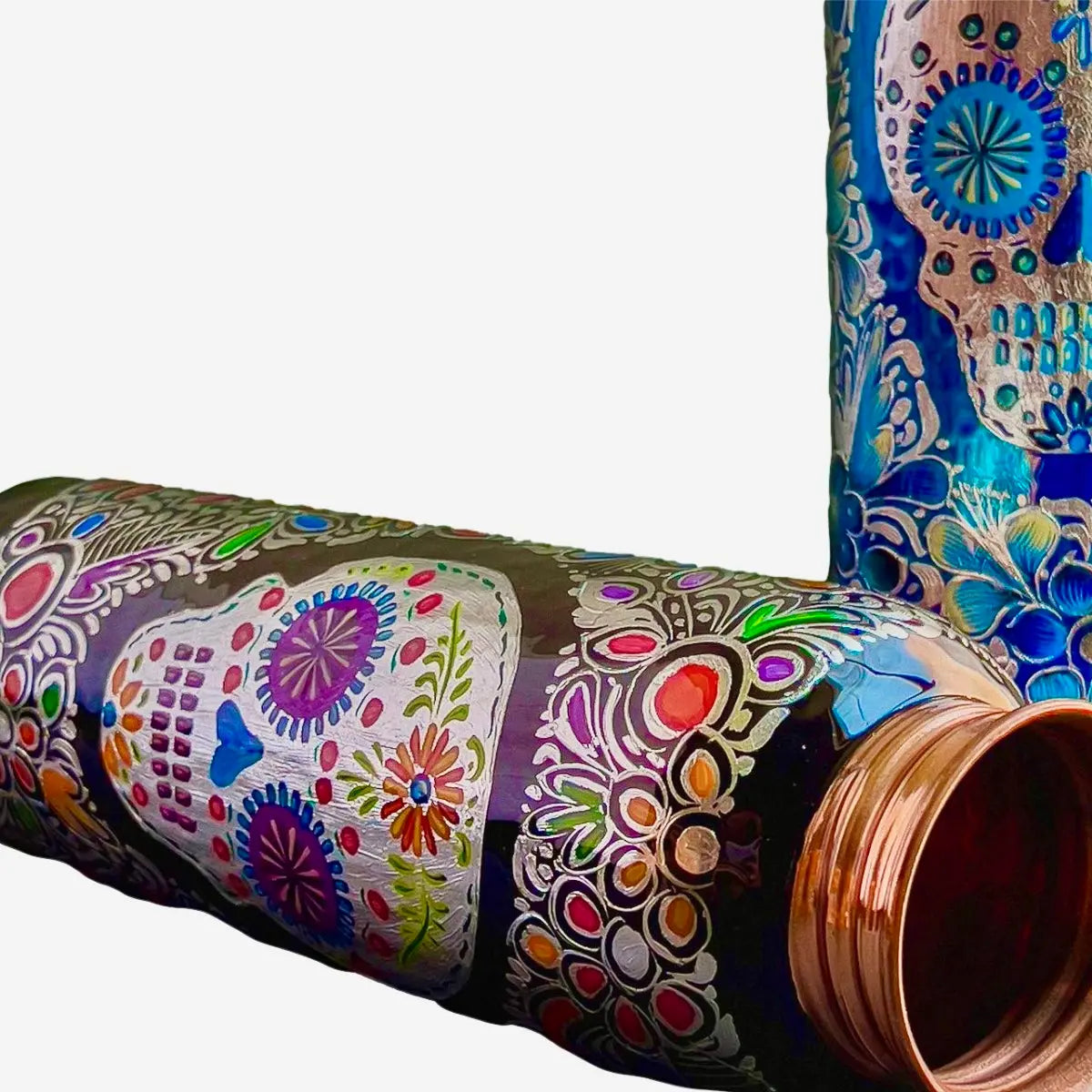 Mexican Copper 1 L / 33 oz. Water Bottle- Hand Painted Blue Sugar Skull CoLores Decor