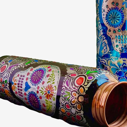 Mexican Copper 1 L / 33 oz. Water Bottle- Hand Painted Blue Sugar Skull CoLores Decor