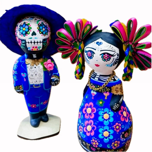Mexican Handmade Clay Folklore Catrina Figurines- Flores PAIR CoLores Decor l Mexican Artisan Decor