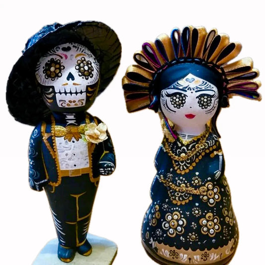 Mexican Handmade Clay Folklore Catrina Figurines- Gold PAIR CoLores Decor l Mexican Artisan Decor