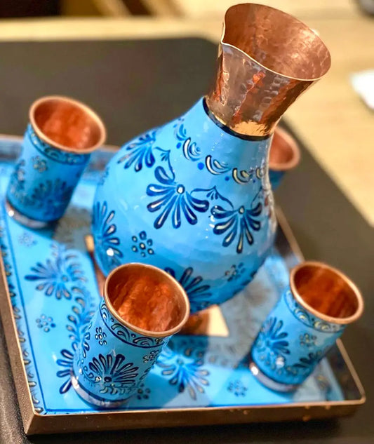 Mexican Handmade Copper 6-Piece Tequila Decanter and Tray Set- Talavera CoLores Decor | Mexican Artisan Decor
