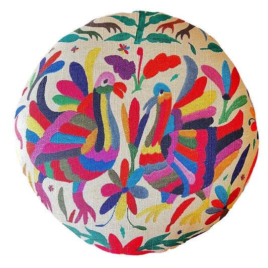 Mexican Handmade Otomi Tenango Cushioned Equipal Ottoman Footstool- Otomi Tenango Printed Fabric MeXican Artisan Fashion & Design